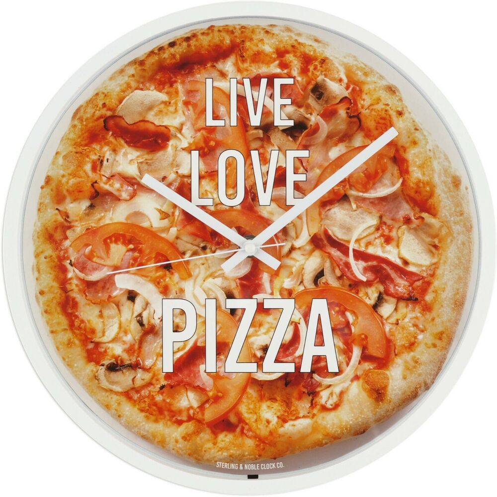 Plastic Wall Clock, approx. 11.5", white rim, LIVE LOVE PIZZA, MS